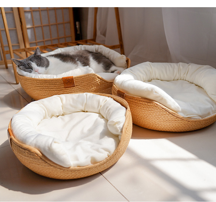 China Wholesale Custom Breathable Waterproof Handmade Japanese Style Cats Nest Handmade Knitted Round Rattan Dog Pet Bed