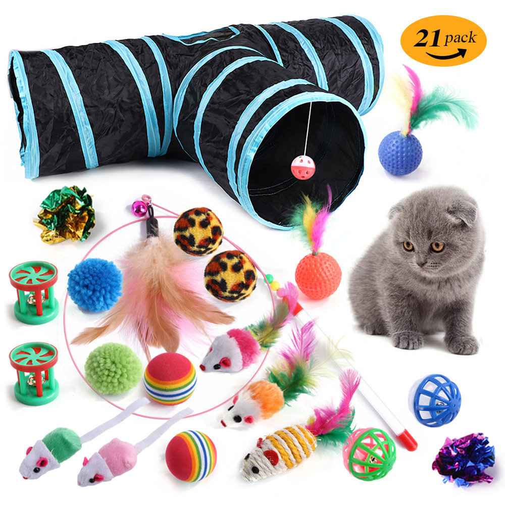 Eco-Friendly Popular Hot Sale 21Pcs/Pack Cat Toy Tunnel Interactive Colorful Mouse Toy set Interactive Cat Feather Toys