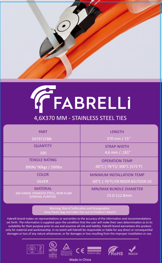 Fabrelli Stainless Steel Cable Ties DST971FBR 4,6X370MM SILVER COLOR 304 GRADE STAINLESS STEEL CE RoHS REACH APPROVED