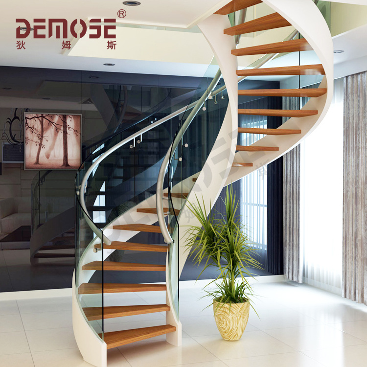 Spiral Staircase With Wood Treads Glass Bracket Stainless Steel Handrail Window Railings Indoor Spiral Modern Spiral Design