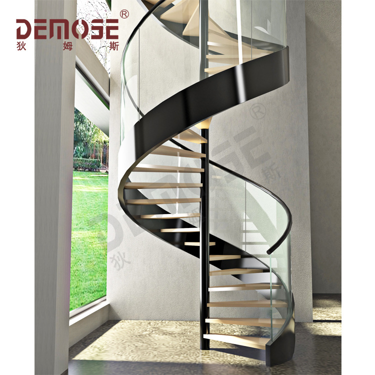 Spiral Staircase With Wood Treads Glass Treads Stair Bracket Stainless Steel Handrail Window Railings Indoor Spiral