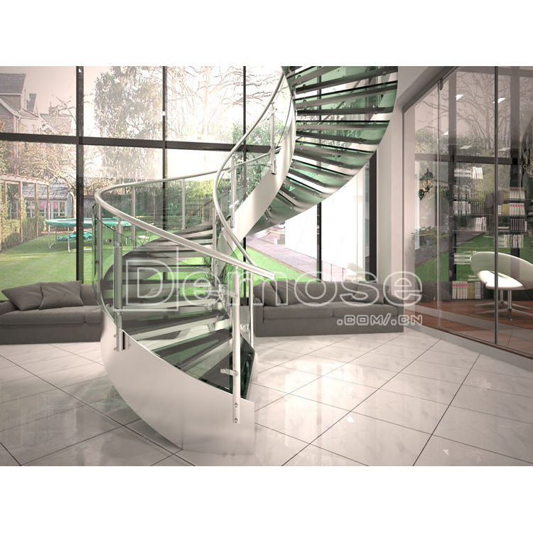 Big Building Spiral Staircase Indoor With Wood Treads Glass Treads Stair Bracket Stainless Steel Balustrades Window Railings