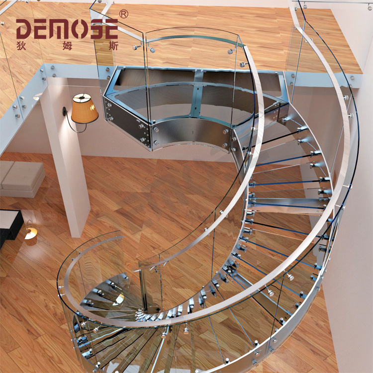 Spiral Staircase With Wood Treads Glass Bracket Stainless Steel Handrail Window Railings Indoor Spiral Modern Spiral Design