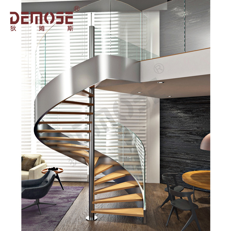 Spiral Staircase With Wood Treads Glass Treads Stair Bracket Stainless Steel Handrail Window Railings Indoor Spiral