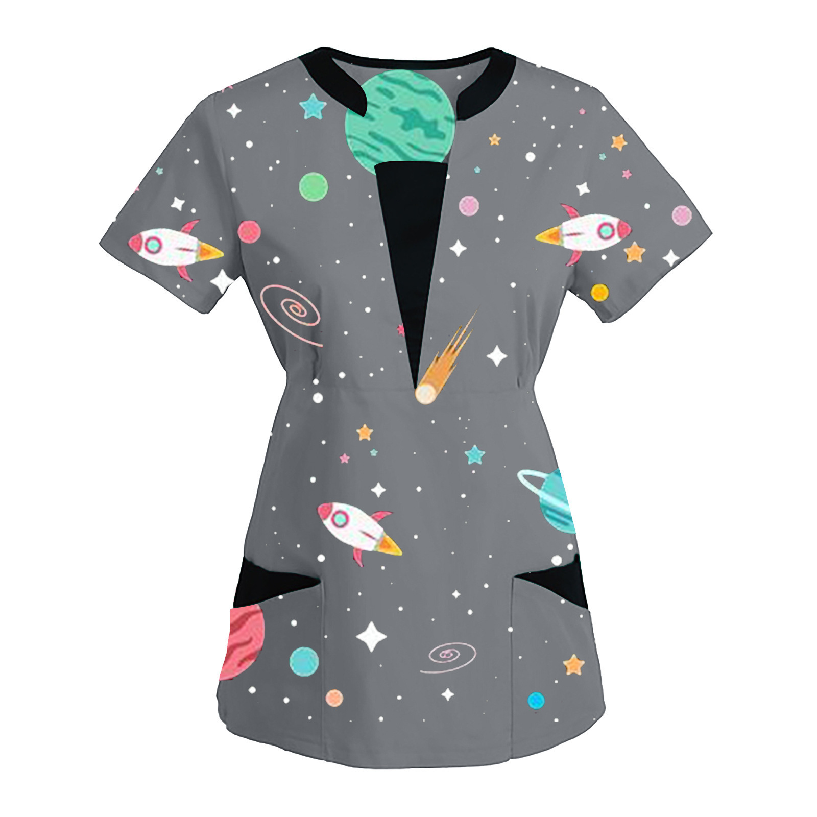 Fitting New Design Combination Colors Nurse Scrub Top Y Neck Hospital Uniform Top