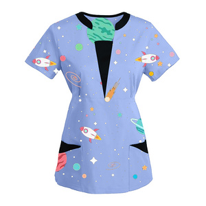 Fitting New Design Combination Colors Nurse Scrub Top Y Neck Hospital Uniform Top