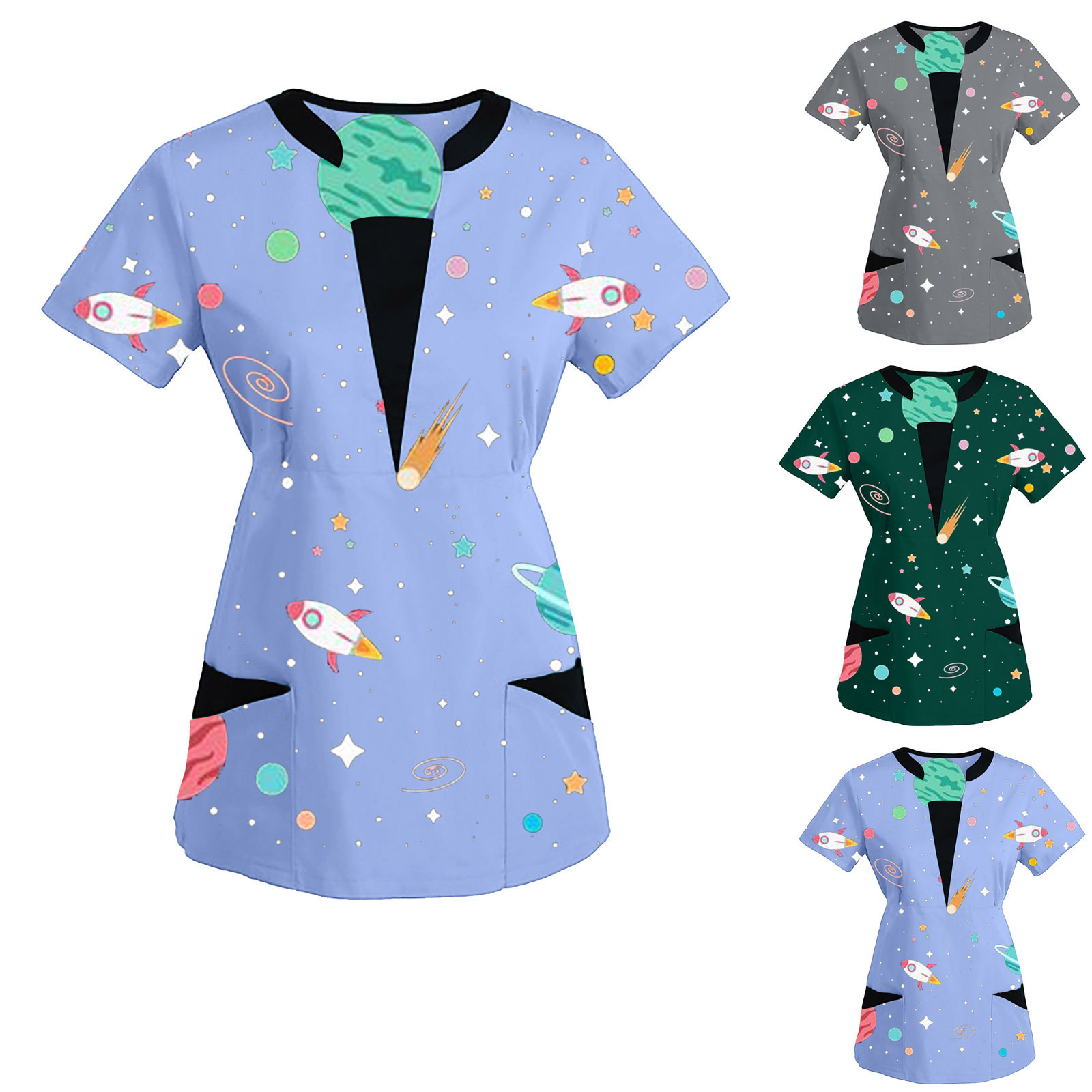 Fitting New Design Combination Colors Nurse Scrub Top Y Neck Hospital Uniform Top