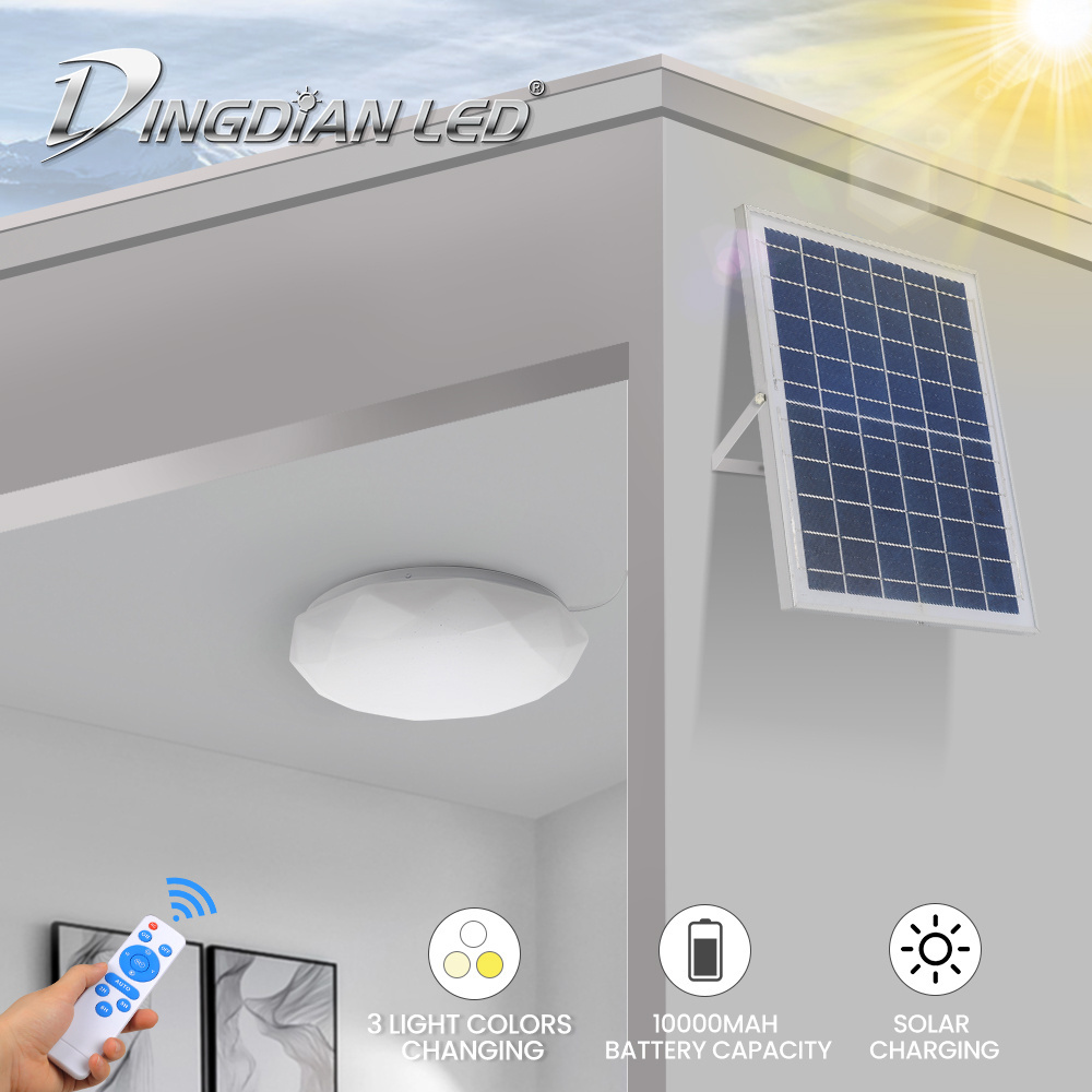 Solar Ceiling Lamp Solar Powered Ceiling Light with Panel Remote Control Rechargeable Indoor High Efficiency Tricolor 30W LED 10