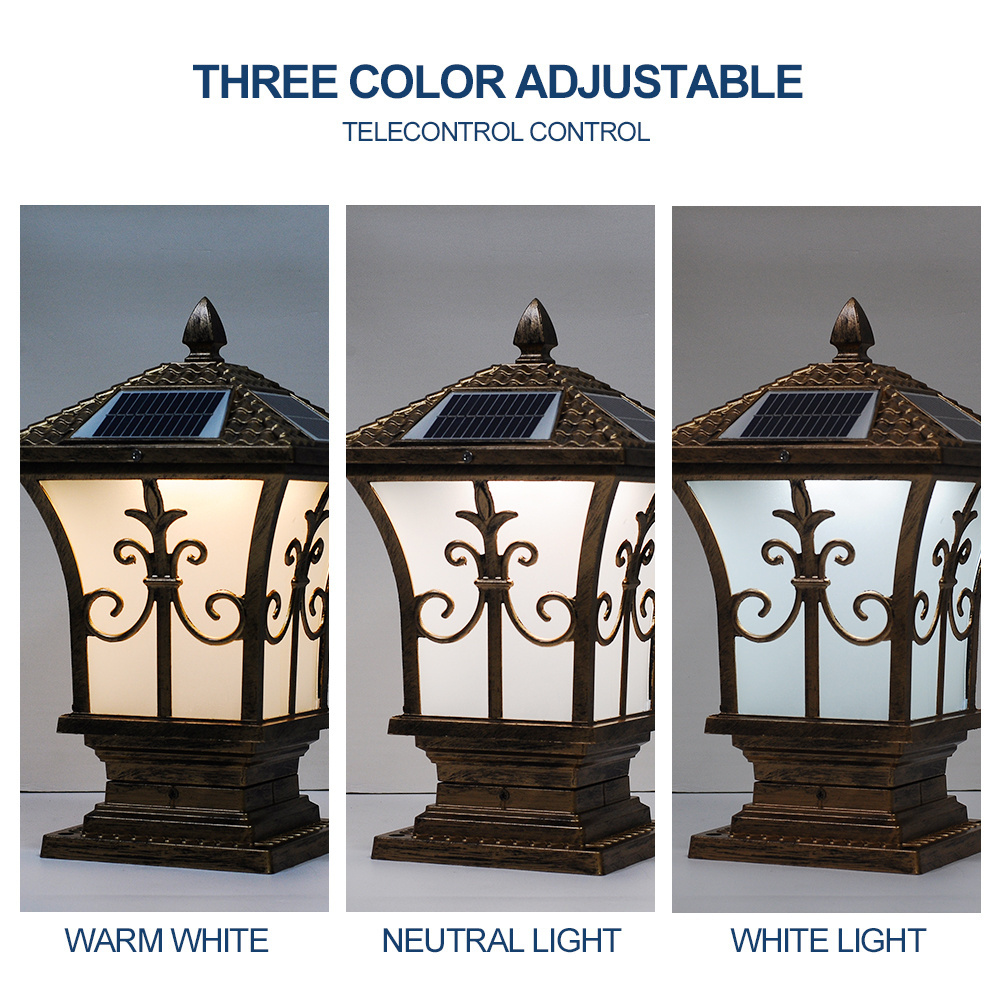 Solar Lantern 3 Light Color Black Golden Shell Remote Control Die-casting Aluminum Antique Style for Garden