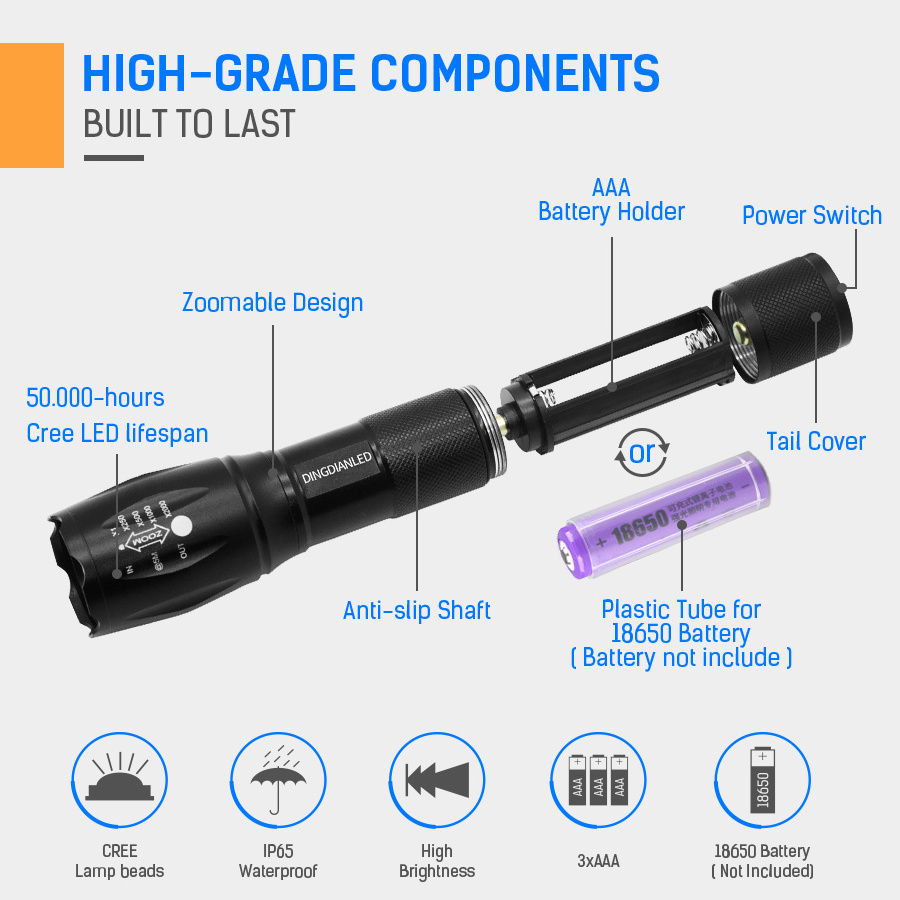 18650 Rechargeable Battery/AAA T6 Tactical Flashlights 5-Mode 8000LM Aluminum Waterproof Zoomable LED Flashlight Torch light