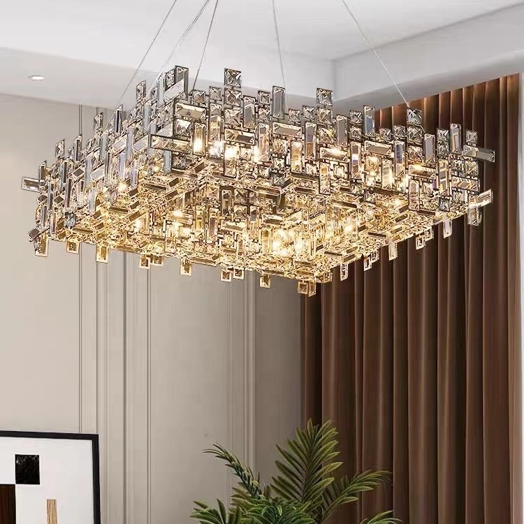 Luxury Modern Crystal Rectangular LED Pendant Lamp Adjustable Height Living Room Kitchen Island Chandelier Gold