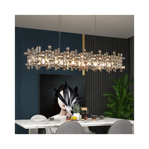 Luxury Modern Crystal Rectangular LED Pendant Lamp Adjustable Height Living Room Kitchen Island Chandelier Gold