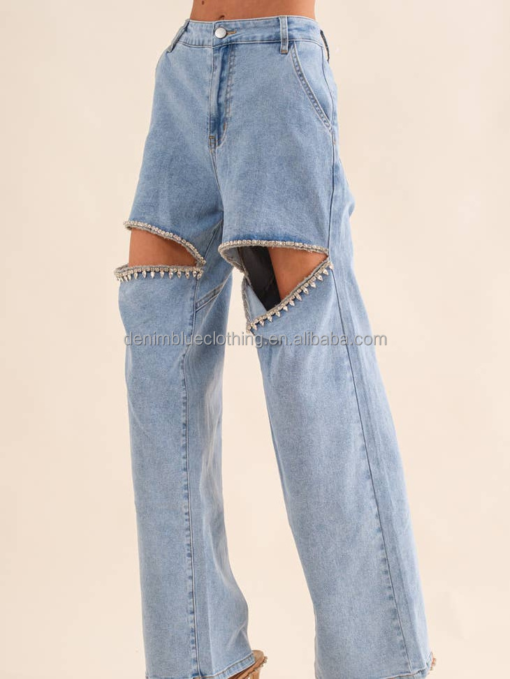 High Fashion Straight style Custom Production wide legs knee slit open rhinestone jeans for women