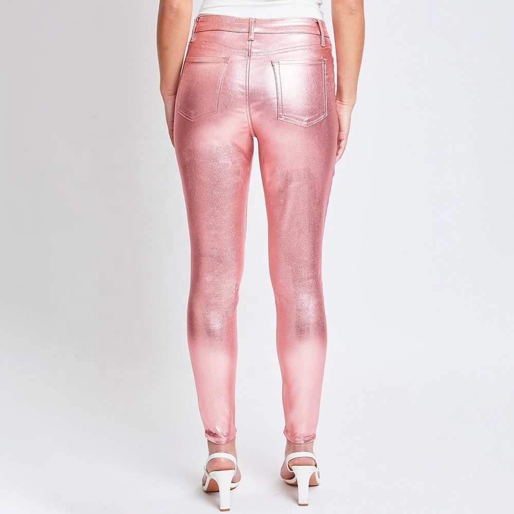 Pink Summer Color ankle length hip lift pu leather skinny pencil jeans metallic pants women