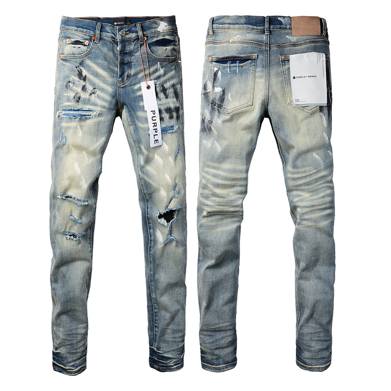 Wholesale Men's High Quality Cotton Denim Streetwear Pants Mid Straight Moustache Effect Distressed Wash Purple Brand Jeans Men