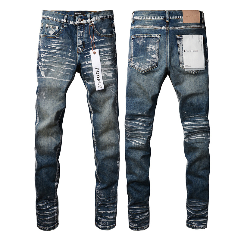 Wholesale Men's High Quality Cotton Denim Streetwear Pants Mid Straight Moustache Effect Distressed Wash Purple Brand Jeans Men