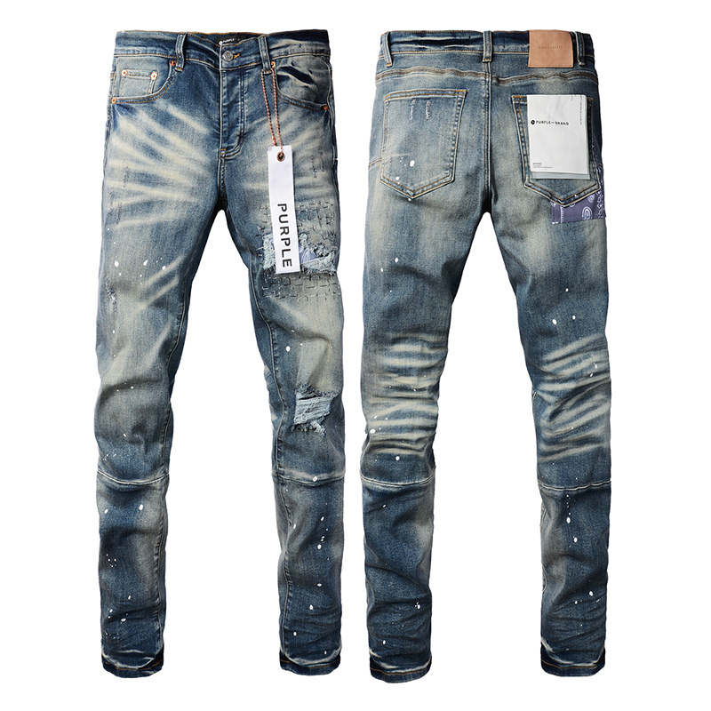 Wholesale Men's High Quality Cotton Denim Streetwear Pants Mid Straight Moustache Effect Distressed Wash Purple Brand Jeans Men