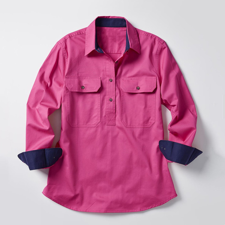 Custom Logo Ladies 100% Cotton Button Up Long Sleeve Country Work Shirt Wholesale Australian Casual Farm Workshirt