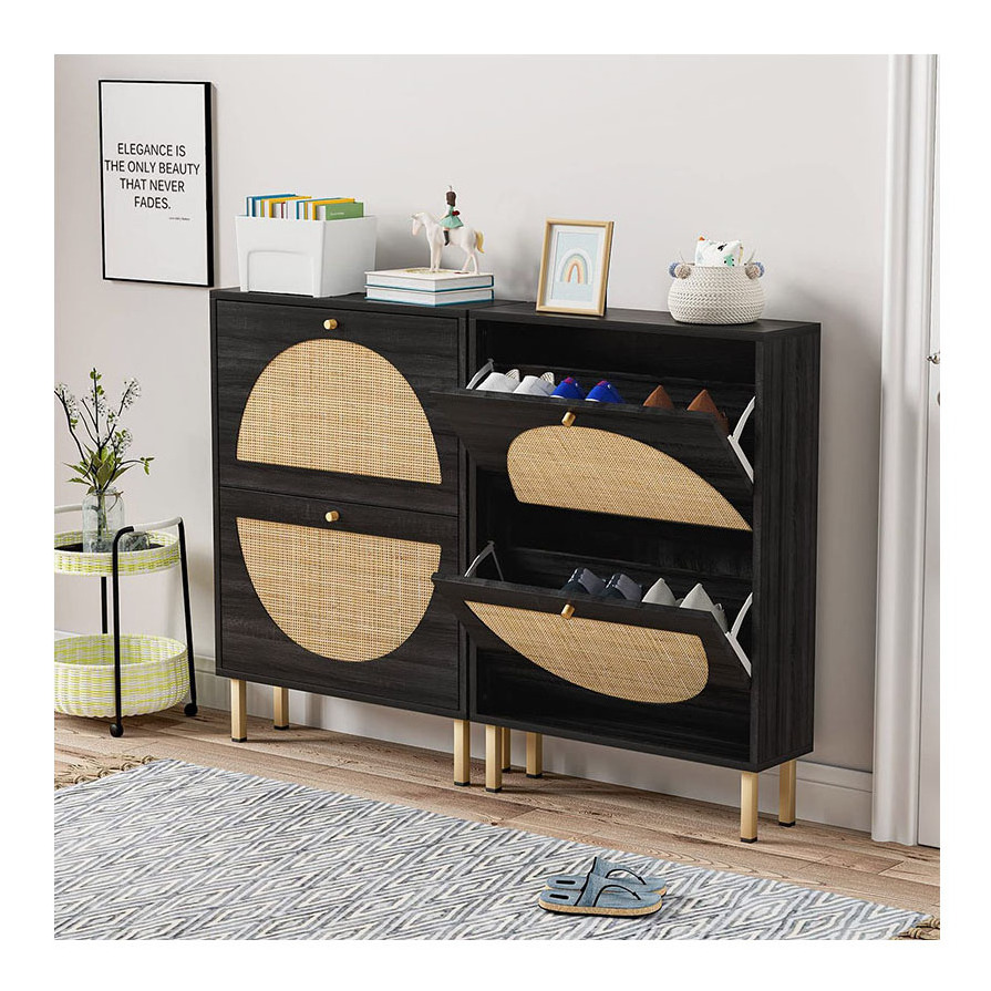 2023 popular style living room furniture rattan shoe cabinet, narrow shoe cabinet with 2 flipped drawers