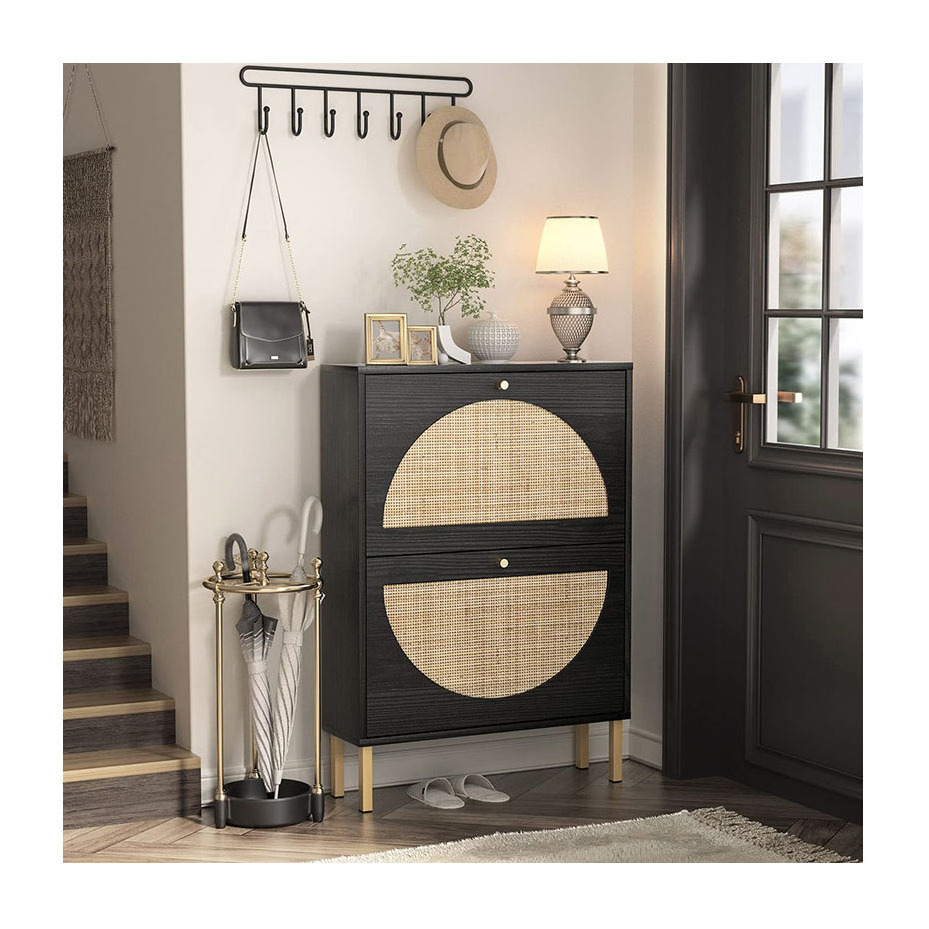 Modern Nordic Rattan design wholesale price hallway entryway storage metal leg wood organizer thin shoe rack cabinet