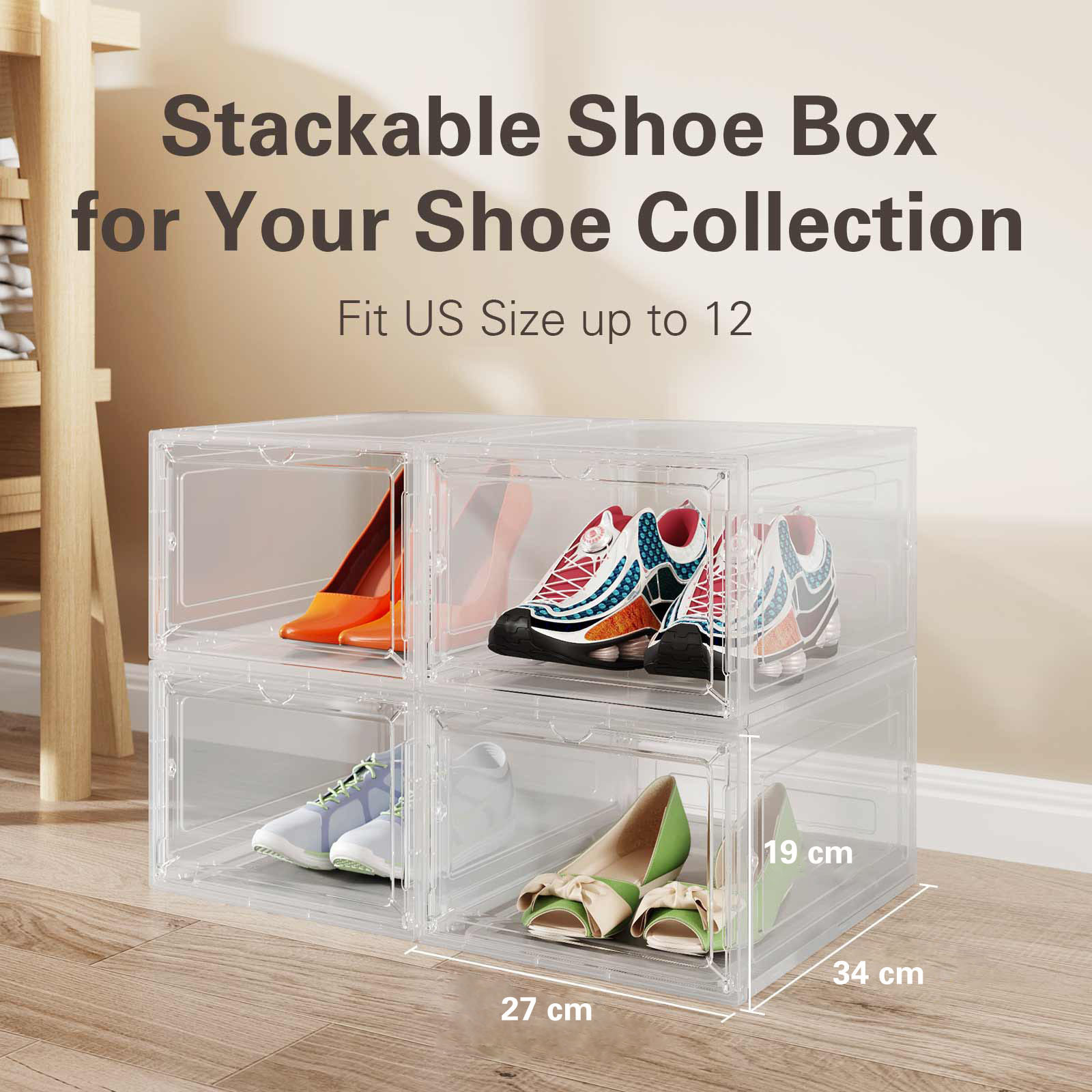 Custom Logo 6 Pack Stackable Shoe Crates Transparent Drop Front Clear Sneaker Box For Shoes Display Plastic Storage Organizer