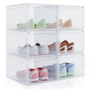 Custom Logo 6 Pack Stackable Shoe Crates Transparent Drop Front Clear Sneaker Box For Shoes Display Plastic Storage Organizer