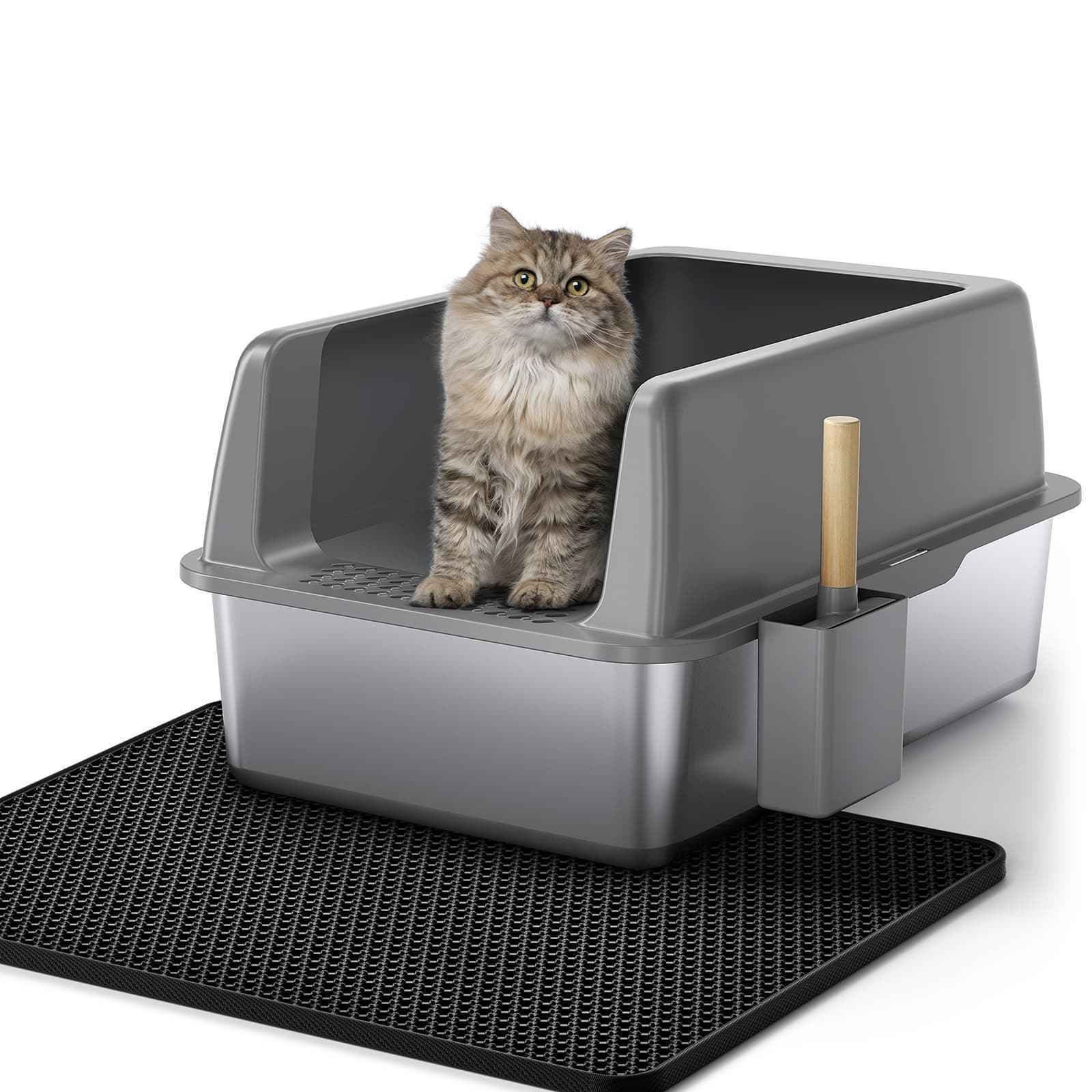 Semi-Enclosed Stainless Steel Cat Litter Box with Lid Extra Large Litter Box for Big Cats