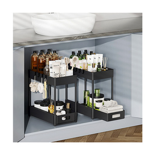 2 Tier ABS Stackable Under The Sink Sliding Organiser Storage Shelf Drawer Bathroom Rack Cabinet Under Sink Organizer