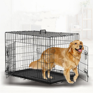 Double Door Pet Dog kennel Crate Cage with Black Metal Foldable Heavy Duty Large High Quality Indoor Outdoor 48inch