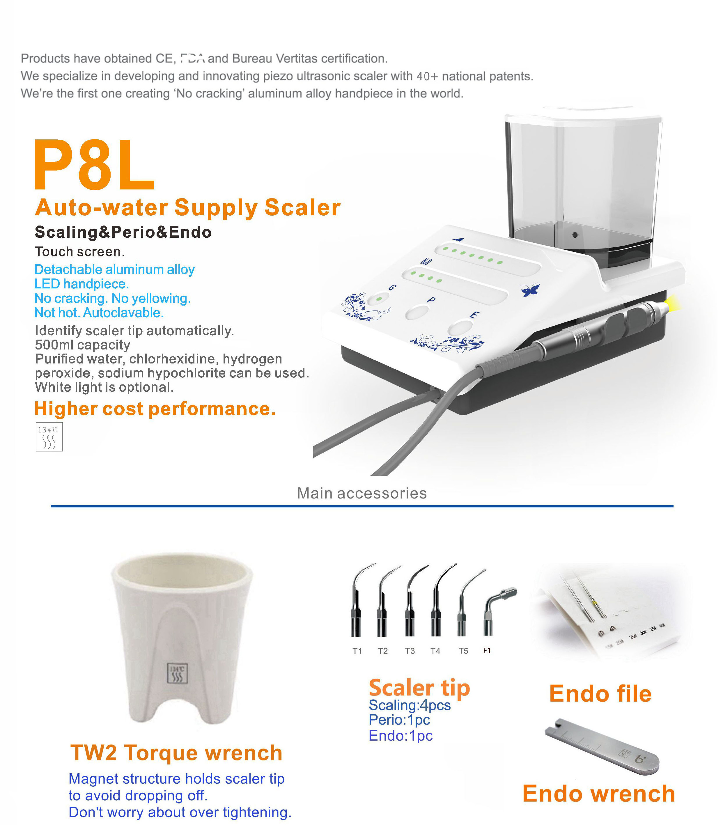 P8L Auto-Water Supply Dental Ultrasonic Scaler Touch Screen with Detachable Aluminium Alloy LED Handpiece