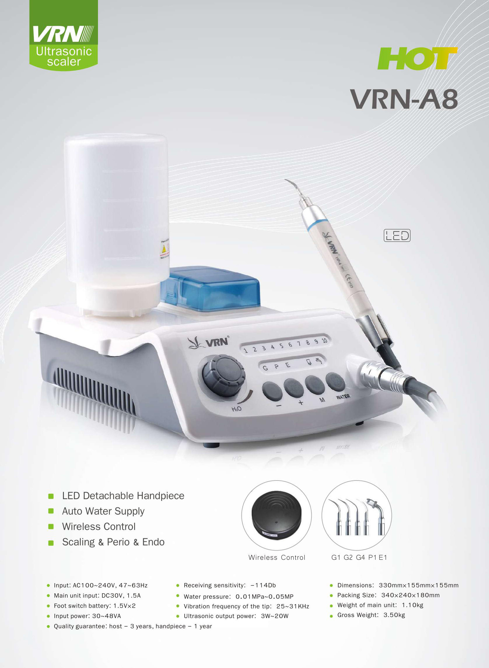 CE Approved VRN A8 Dental Ultrasonic Scaler Root Canal Irrigation with LED Detachable Handpiece with Auto Water Supply