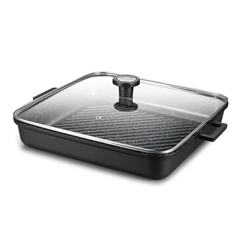 DENUO Grill Pan Square Griddle Pan Skillet with glass lid  Non Stick Cast Aluminum Grilling Pan for Steak Breakfast