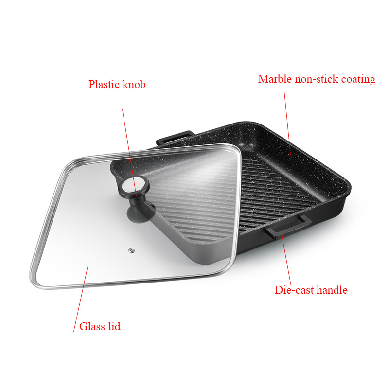 DENUO Grill Pan Square Griddle Pan Skillet with glass lid  Non Stick Cast Aluminum Grilling Pan for Steak Breakfast