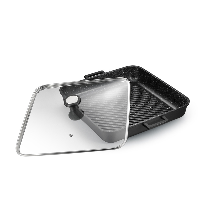 DENUO Grill Pan Square Griddle Pan Skillet with glass lid  Non Stick Cast Aluminum Grilling Pan for Steak Breakfast