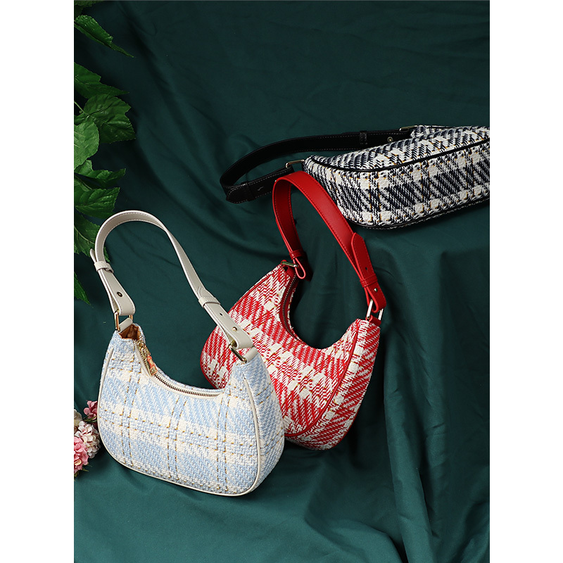 Retro plaid women shoulder messenger bag top selling high quality canvas shoulder bag half moon underarm handbag