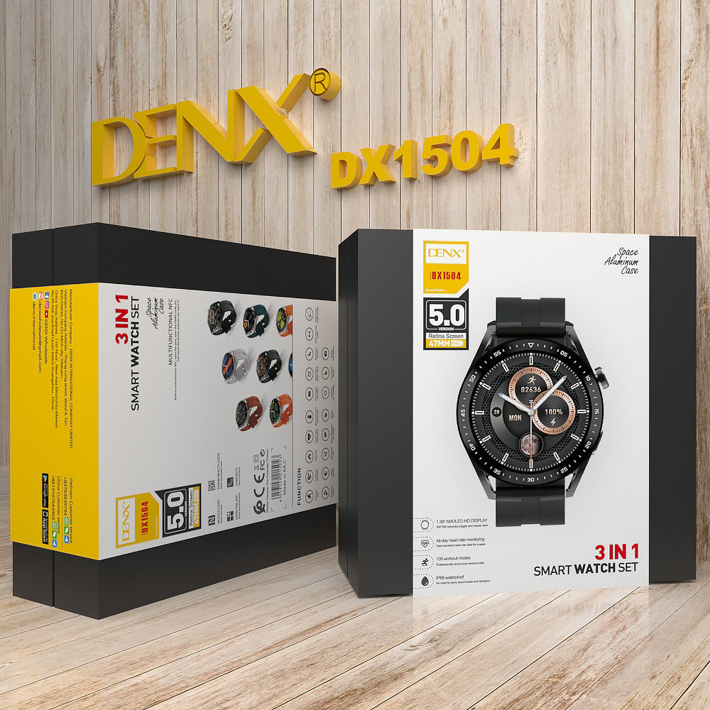 DENX DX1504 250mAh TFT Blood Pressure Heart Rate Monitoring Smart Watch IP68 Waterproof Full Screen Touch 3 IN 1 Smartwatch Set