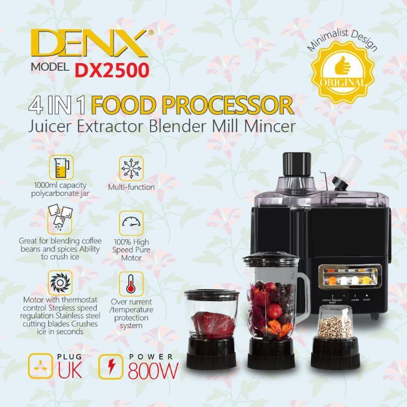 DENX DX2500 Multifunctional Kitchen Electric Juicer Extractor Blender Mill Mincer Machine Chopper 1L 800W 4 in 1 food processor