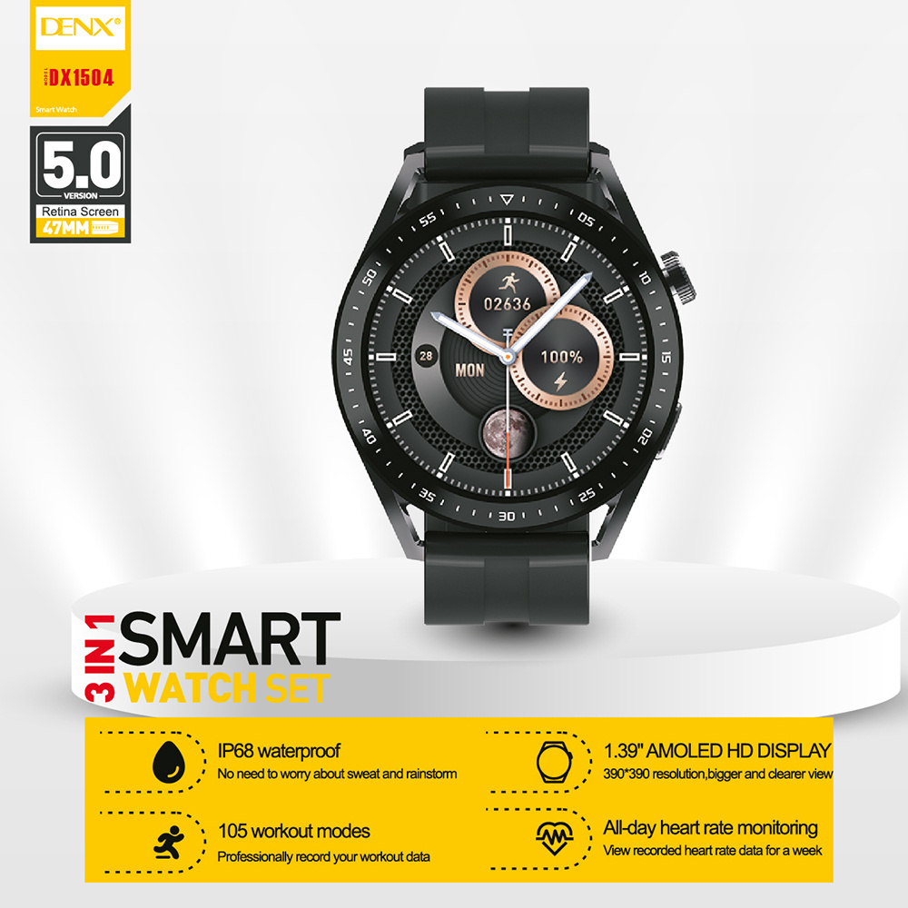 DENX DX1504 250mAh TFT Blood Pressure Heart Rate Monitoring Smart Watch IP68 Waterproof Full Screen Touch 3 IN 1 Smartwatch Set