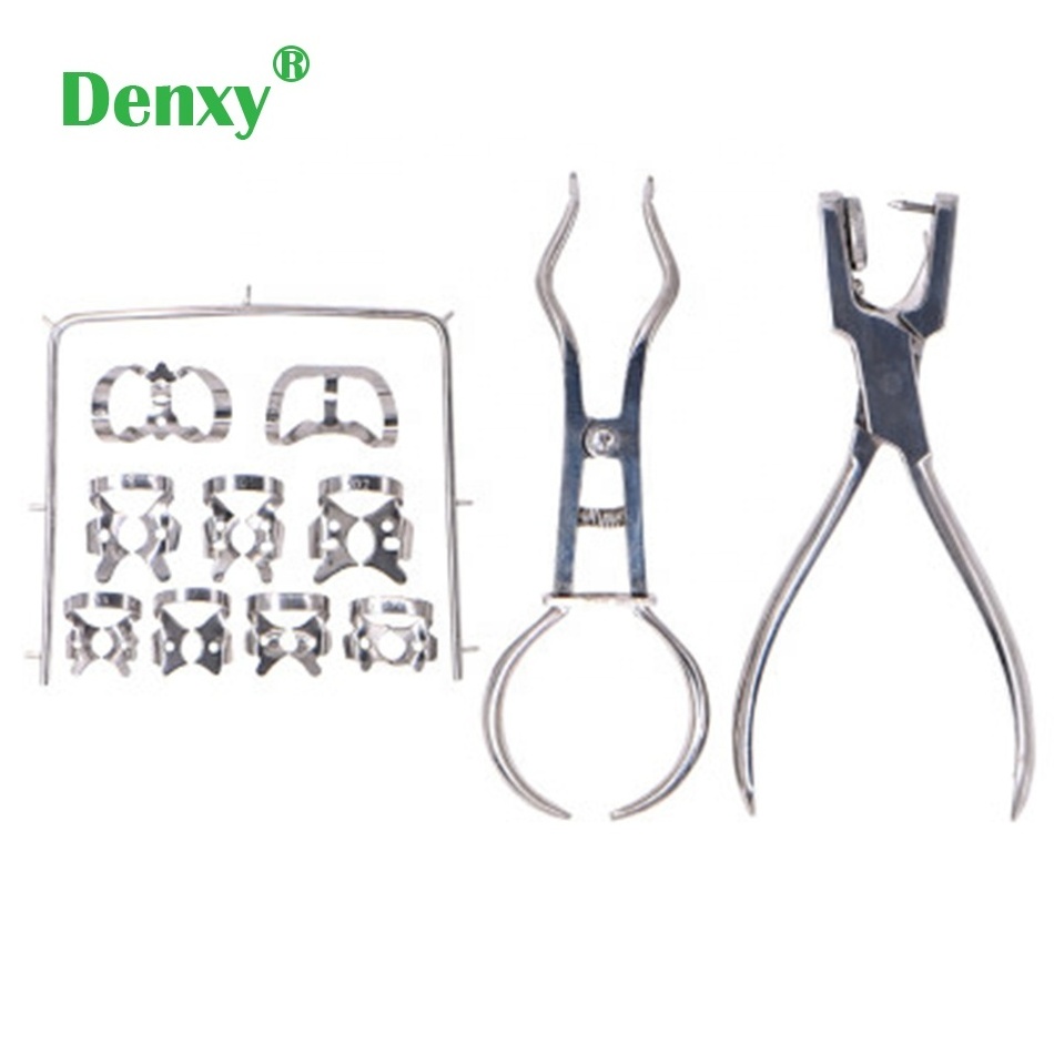 Denxy Dental Dentist Basic Universal Frame Rubber Dam Kit Restorative Endodontic Punch Pliers Clamps Instruments Kit