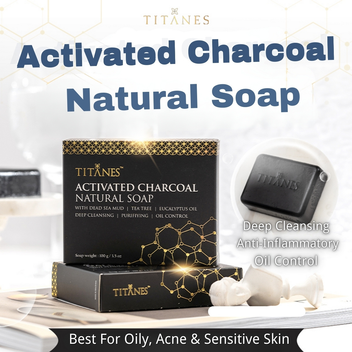 Titanes Activated Charcoal Natural Soap Face Soap Body Soap for Oily Acne-prone and Sensitive Skin Cleansing