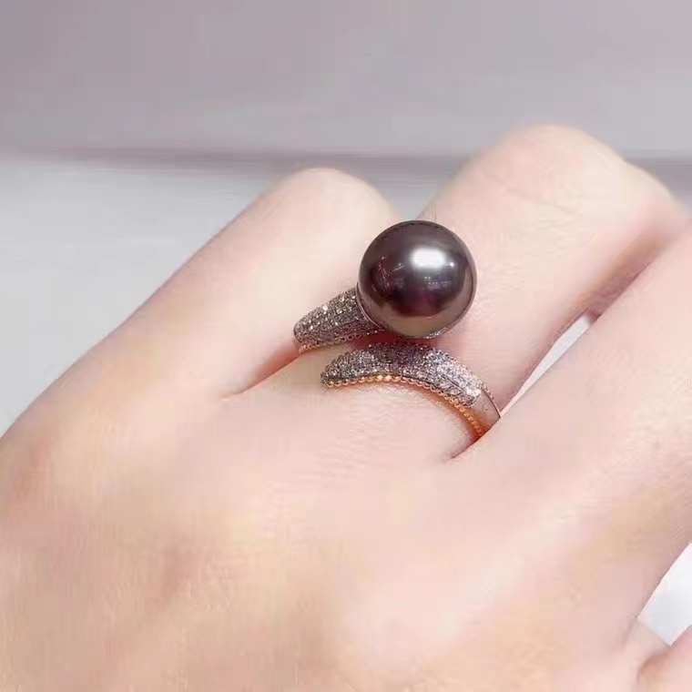 S925 silver pearl fashion two color ring natural Tahiti Pearl Ring