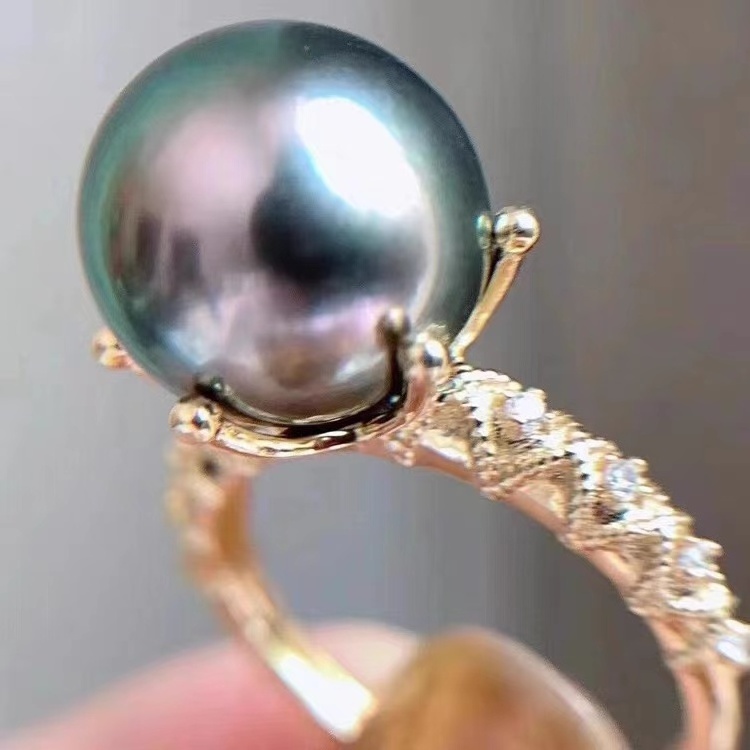 S925 silver pearl fashion two color ring natural Tahiti Pearl Ring