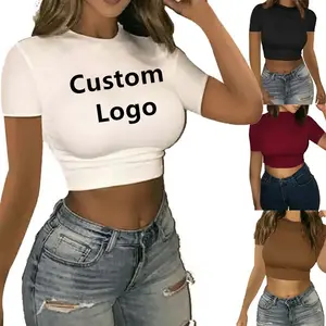 HG66 Custom Logo Crop Top T Shirts Sexy Basic Short TShirts Female Club White Women Shirts 2022 Short Sleeve Crop Tops