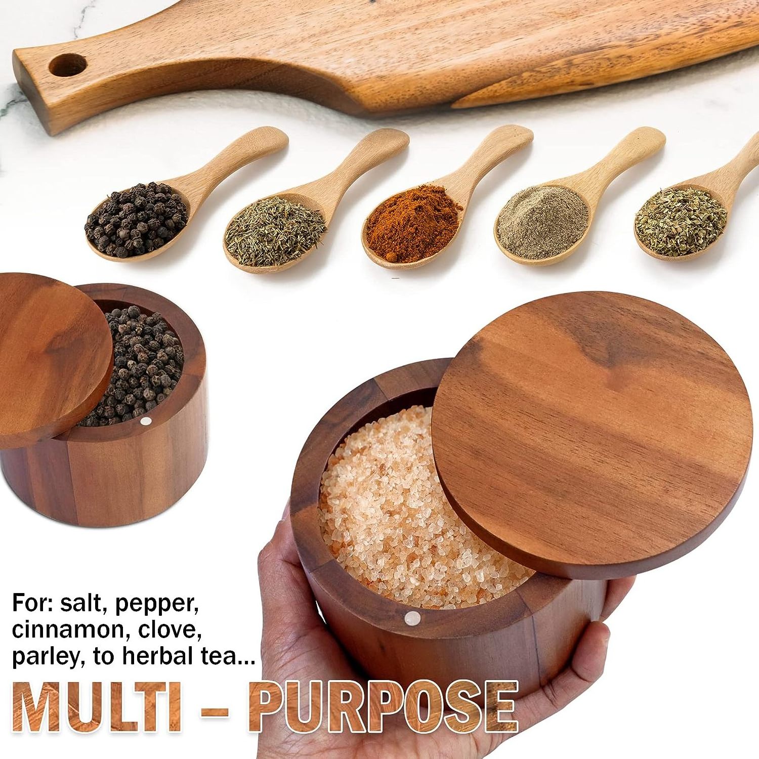 Small Organic Round Bamboo Wood Salt and Spice Pepper Spoon Container Pot Box Jar Wood With Removable Lid Bamboo Wood Salt Box