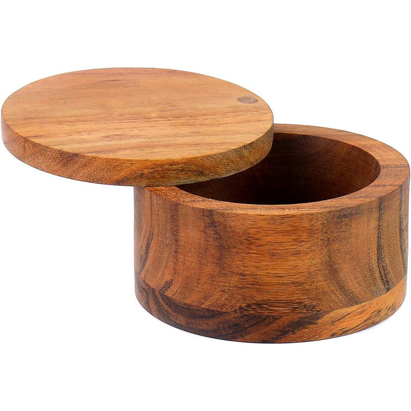 Small Organic Round Bamboo Wood Salt and Spice Pepper Spoon Container Pot Box Jar Wood With Removable Lid Bamboo Wood Salt Box