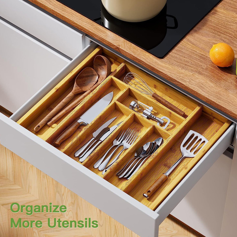 Bamboo Expandable Drawer Organizer for Utensils Holder, Adjustable Cutlery Tray, Wood Drawer Dividers Organizer for Silverware,