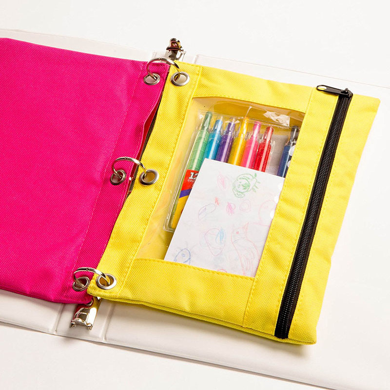 600D Polyester 3-Ring Binder Zippered Pencil Pouch with Clear Window Colorful Pencil Case