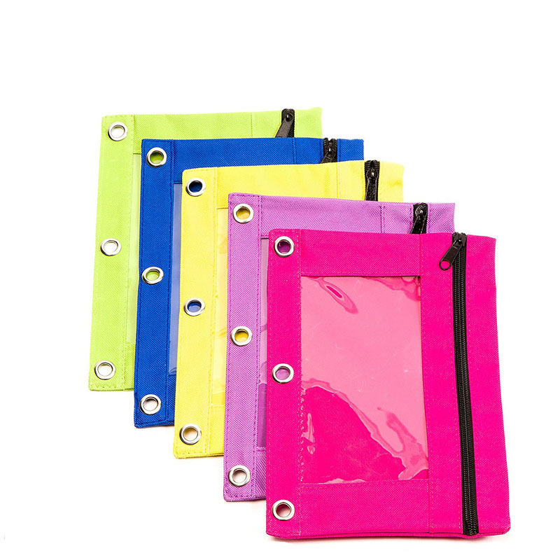 600D Polyester 3-Ring Binder Zippered Pencil Pouch with Clear Window Colorful Pencil Case