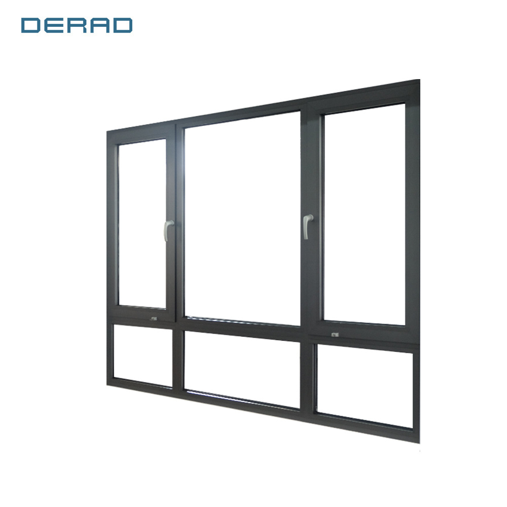 Hotel windows 3 panel with fixed panel aluminum alloy tilt and turn windows with double glazed tempered clear glass