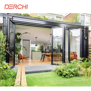 DERCHI Exterior Outdoor Windproof Aluminum Folding Glass Doors Patio with Mosquito Net